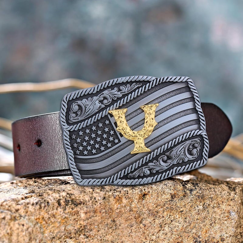 Fibbadet Store Western Cowboy Initial Letters A-Z American Flag Belt Buckle for Men Fathers Day Boyfriend Husband - Image 2